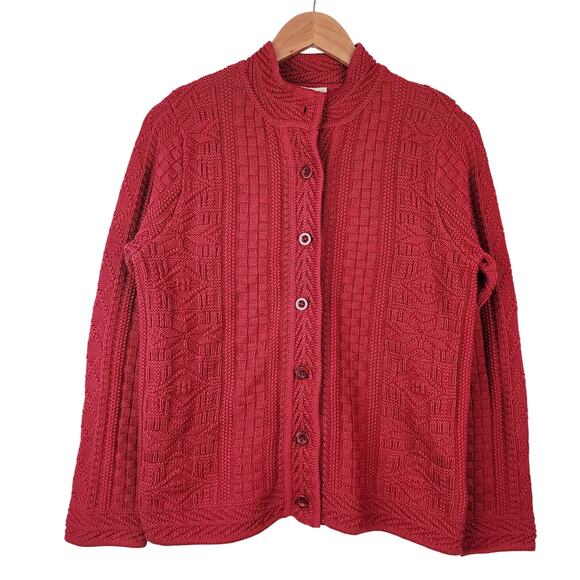 LL Bean Red Cotton Cable Knit Cardigan Sweater Medium Chunky Fisherman 278397 - Picture 1 of 6